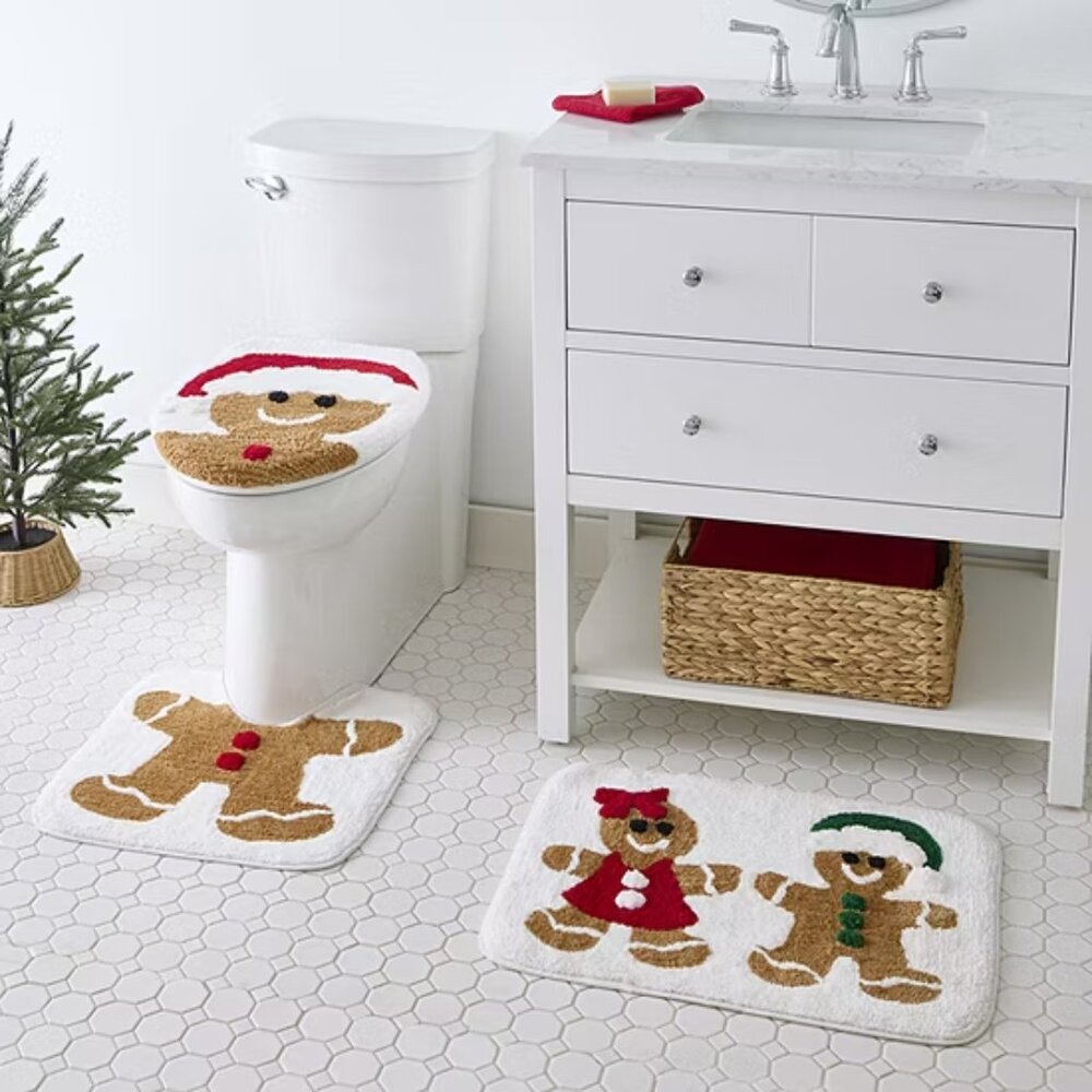 Bath Set Gingerbread Man 3 Piece Toilet Seat Cover, Contour Rug, Accent Rug